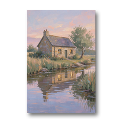 Stone Cottage Painting by the Evening Brook - Canvas Wall Art - Front