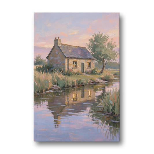 Stone Cottage Painting by the Evening Brook - Canvas Wall Art - Front