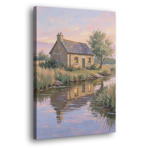 Stone Cottage Painting by the Evening Brook - Canvas Wall Art - Side