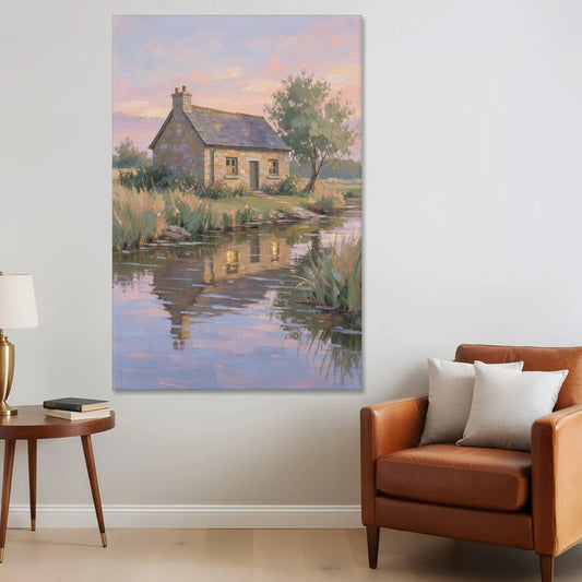 Stone Cottage Painting by the Evening Brook - Canvas Wall Art - Sofa - 40x60