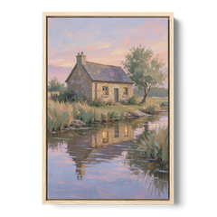 Stone Cottage Painting by the Evening Brook - Oak Framed Canvas Wall Art - Front