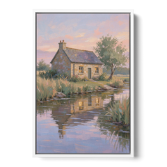 Stone Cottage Painting by the Evening Brook - White Framed Canvas Wall Art - Front