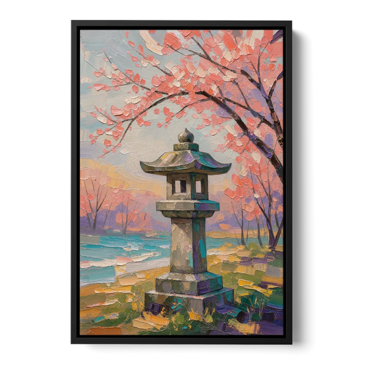 Japanese Stone Lantern Under Cherry Blossom - Black Framed Canvas Wall Art - Front