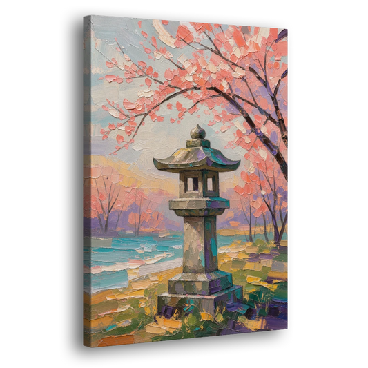 Stone Lantern Under Cherry Blossom - Canvas Wall Art - Side
