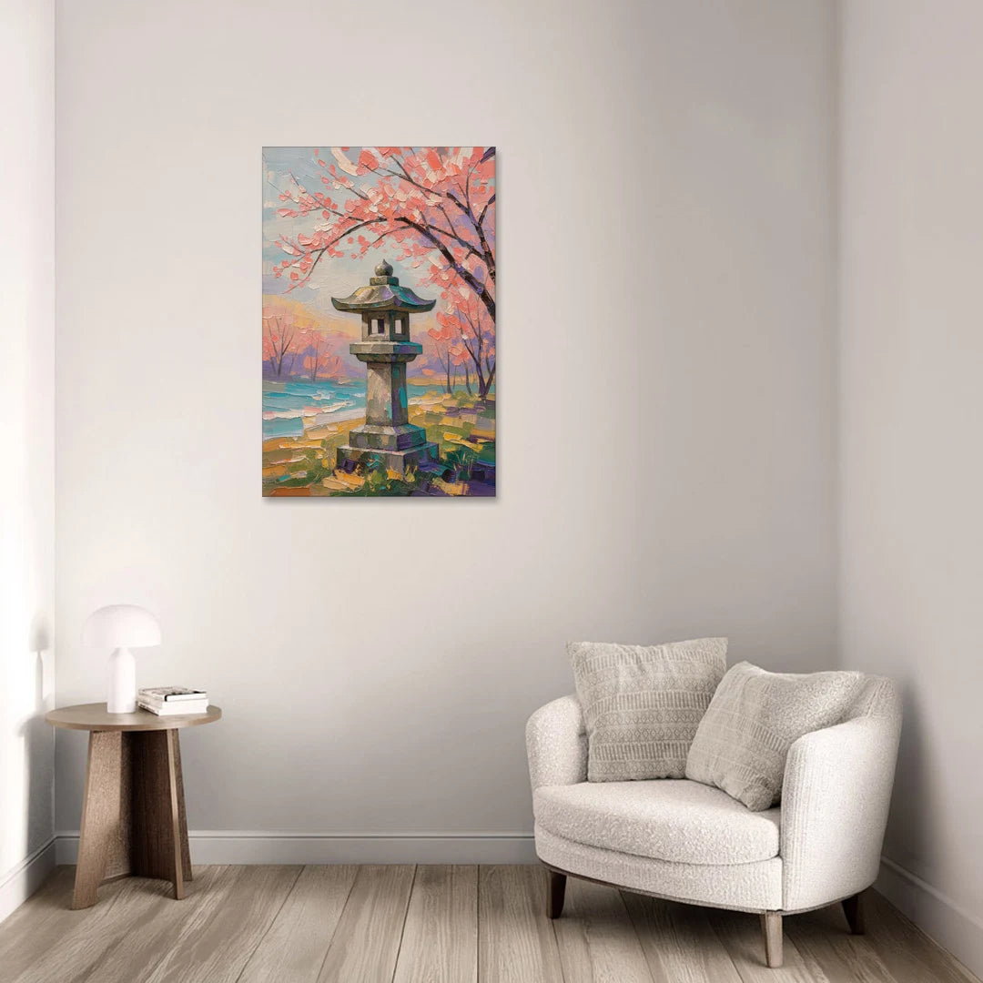 Stone Lantern Under Cherry Blossom - Canvas Wall Art - Sofa - 24x36