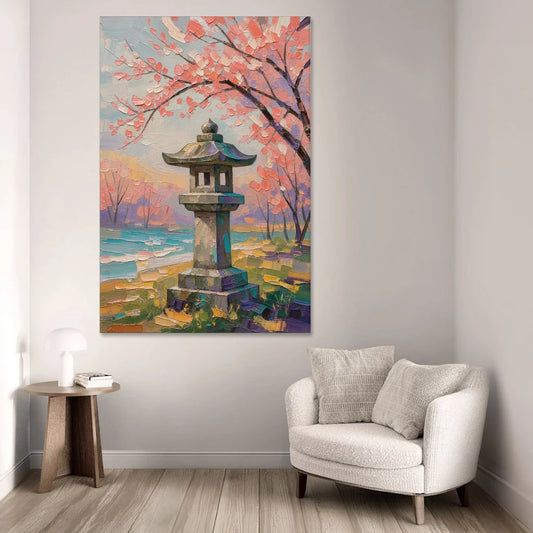 Japanese Stone Lantern Under Cherry Blossom - Canvas Wall Art - Sofa - 40x60
