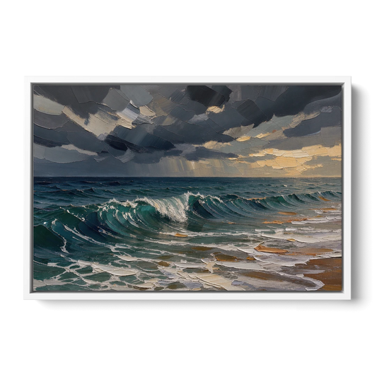 Stormy Sea Painting with Breaking Wave - White Framed Canvas Wall Art - Front