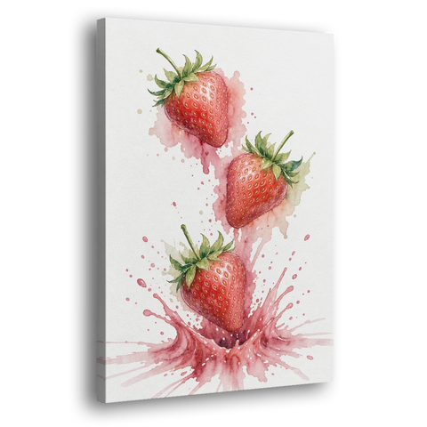Strawberry Wall Art with Falling Berry Splash - Canvas Wall Art - Side