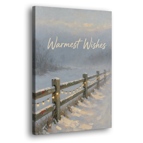 String Lights Wall Art on a Snowy Fence - Canvas Wall Art - Side