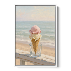 Summer Wall Art Strawberry Vanilla Cone on the Boardwalk - White Framed Canvas Wall Art - Front