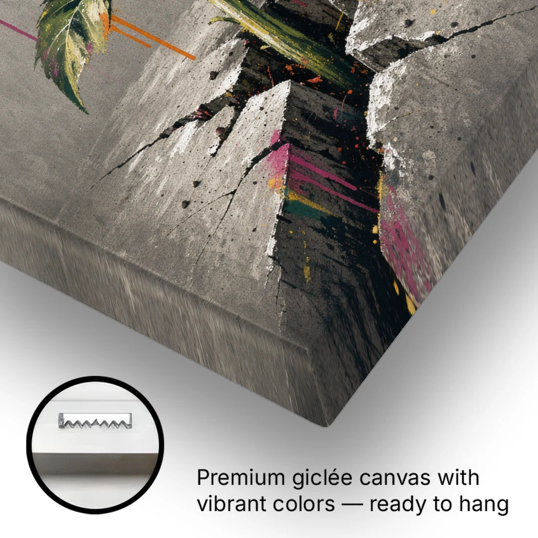Sunflower Art Print Through Cracked Concrete - Canvas Wall Art - Gallery Wrap Corner