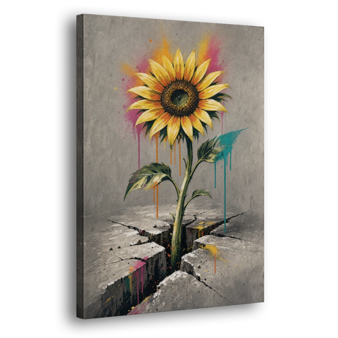 Sunflower Art Print Through Cracked Concrete - Canvas Wall Art
