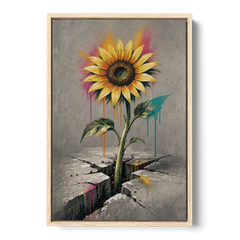 Sunflower Art Print Through Cracked Concrete - Oak Framed Canvas Wall Art - Front
