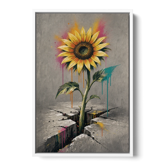 Sunflower Art Print Through Cracked Concrete - White Framed Canvas Wall Art - Front