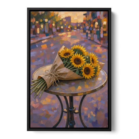 Sunflower Bouquet Painting on a Café Table - Black Framed Canvas Wall Art - Front