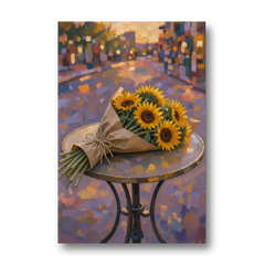 Sunflower Bouquet Painting on a Café Table - Canvas Wall Art - Front