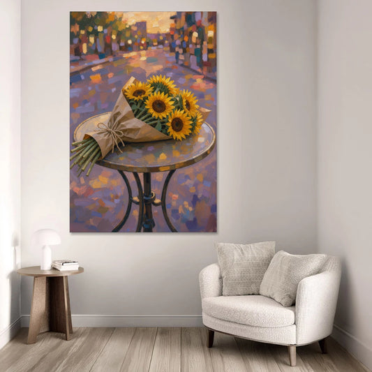 Sunflower Bouquet Painting on a Café Table - Canvas Wall Art - Sofa - 40x60