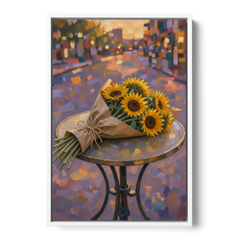 Sunflower Bouquet Painting on a Café Table - White Framed Canvas Wall Art - Front