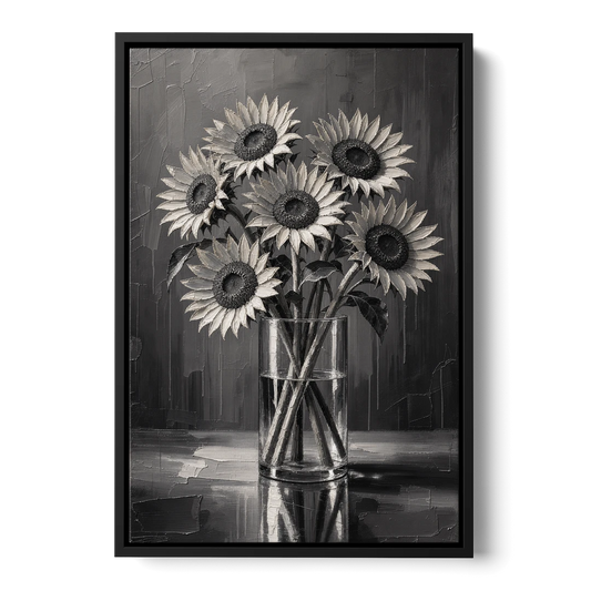 Black and White Sunflower Bouquet in a Glass Vase - Black Framed Canvas Wall Art - Front