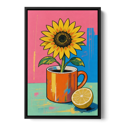Sunflower Coffee Mug with Lemon for the Kitchen - Black Framed Canvas Wall Art - Front