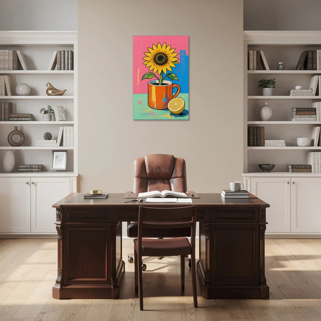 Sunflower Coffee Mug With Lemon - Canvas Wall Art - Office - 24x36