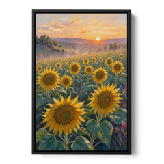 Sunflower Field Canvas at Dewy Sunrise - Black Framed Canvas Wall Art - Front