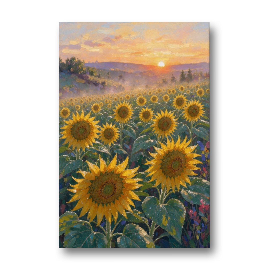 Sunflower Field Canvas at Dewy Sunrise - Canvas Wall Art - Front