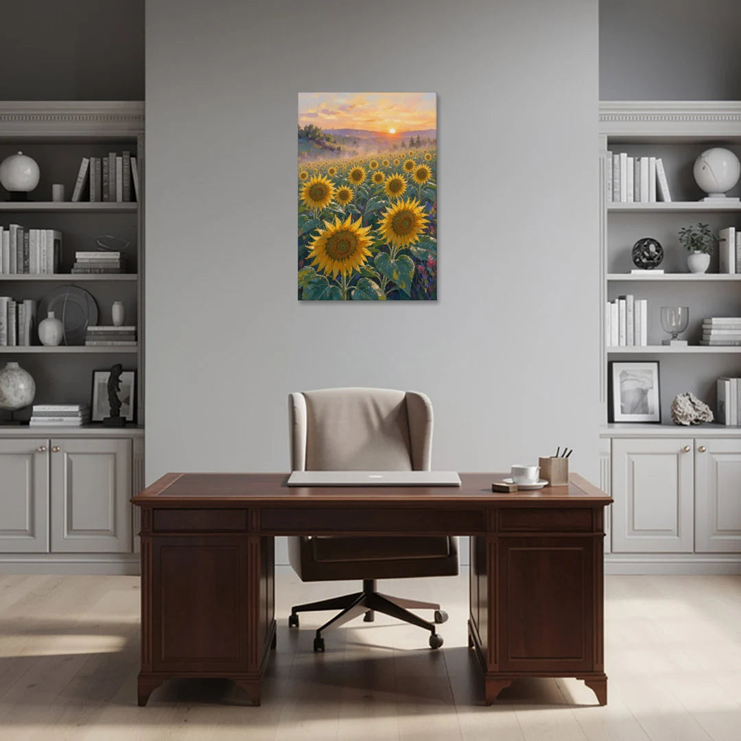 Sunflower Field Canvas at Dewy Sunrise - Canvas Wall Art - Office - 24x36