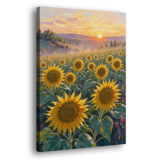 Sunflower Field Canvas at Dewy Sunrise - Canvas Wall Art - Side