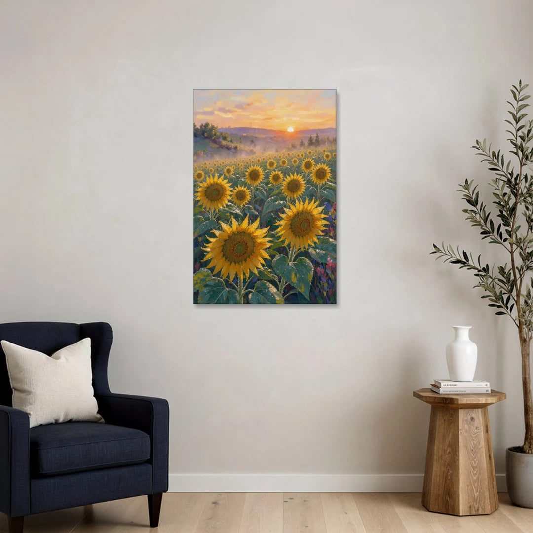 Sunflower Field Canvas at Dewy Sunrise - Canvas Wall Art - Sofa - 24x36