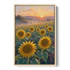 Sunflower Field Canvas at Dewy Sunrise - Oak Framed Canvas Wall Art - Front
