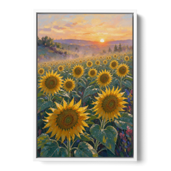 Sunflower Field Canvas at Dewy Sunrise - White Framed Canvas Wall Art - Front