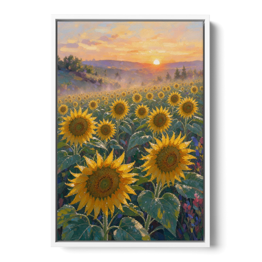 Sunflower Field Canvas at Dewy Sunrise - White Framed Canvas Wall Art - Front