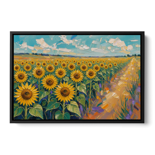Sunflower Field Painting Under a Turquoise Sky - Black Framed Canvas Wall Art - Front