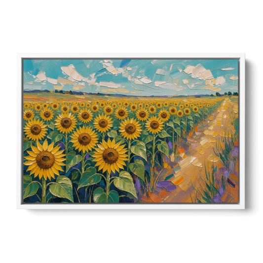 Sunflower Field Painting Under a Turquoise Sky - White Framed Canvas Wall Art - Front