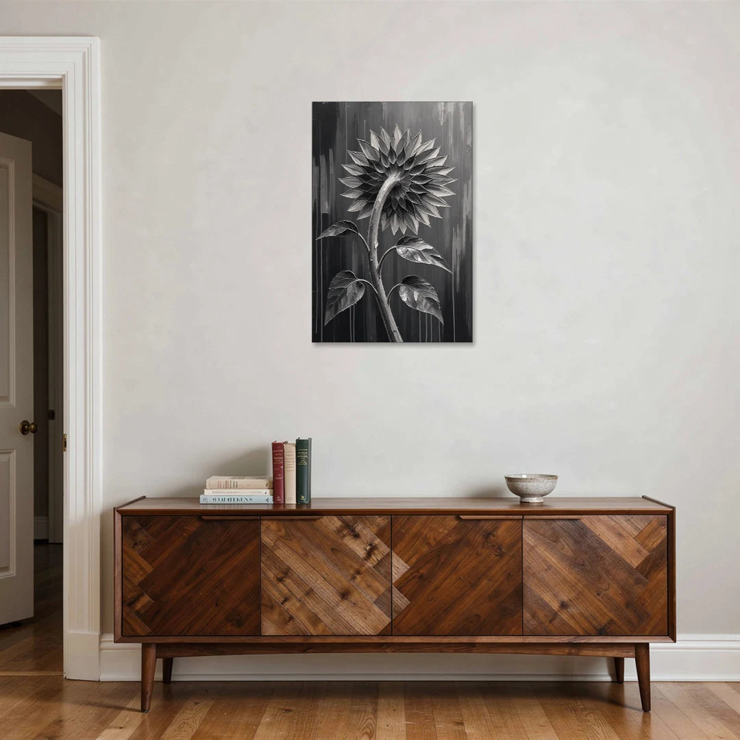 Sunflower From Behind in Silver Impasto - Canvas Wall Art - Coffee Table - 24x36