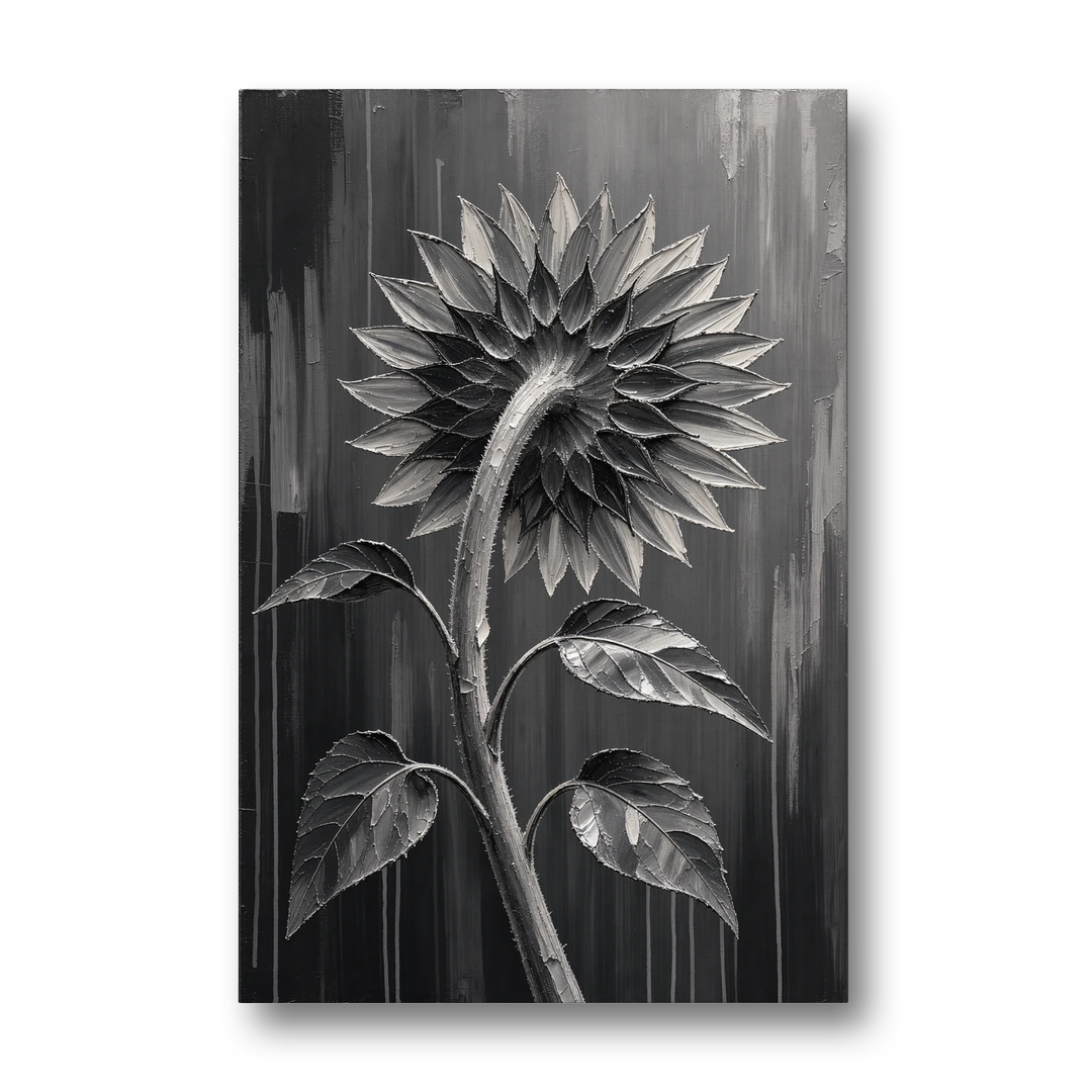 Sunflower From Behind in Silver Impasto - Canvas Wall Art - Front
