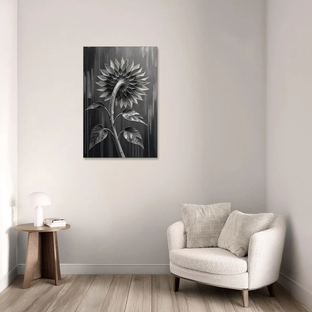 Sunflower From Behind in Silver Impasto - Canvas Wall Art - Sofa - 24x36