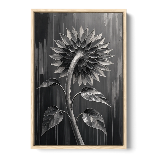 Sunflower From Behind in Silver Impasto - Oak Framed Canvas Wall Art - Front