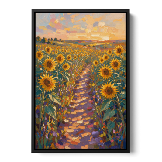 Sunflower Impressionist Painting of the Violet Path - Black Framed Canvas Wall Art - Front