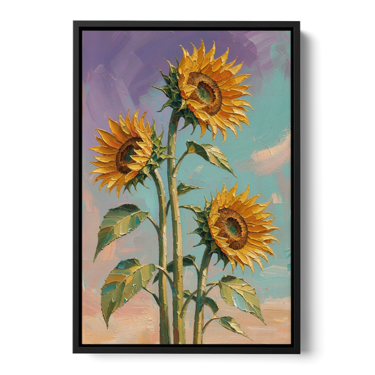 Sunflower Oil Painting Against a Violet Sky - Black Framed Canvas Wall Art - Front