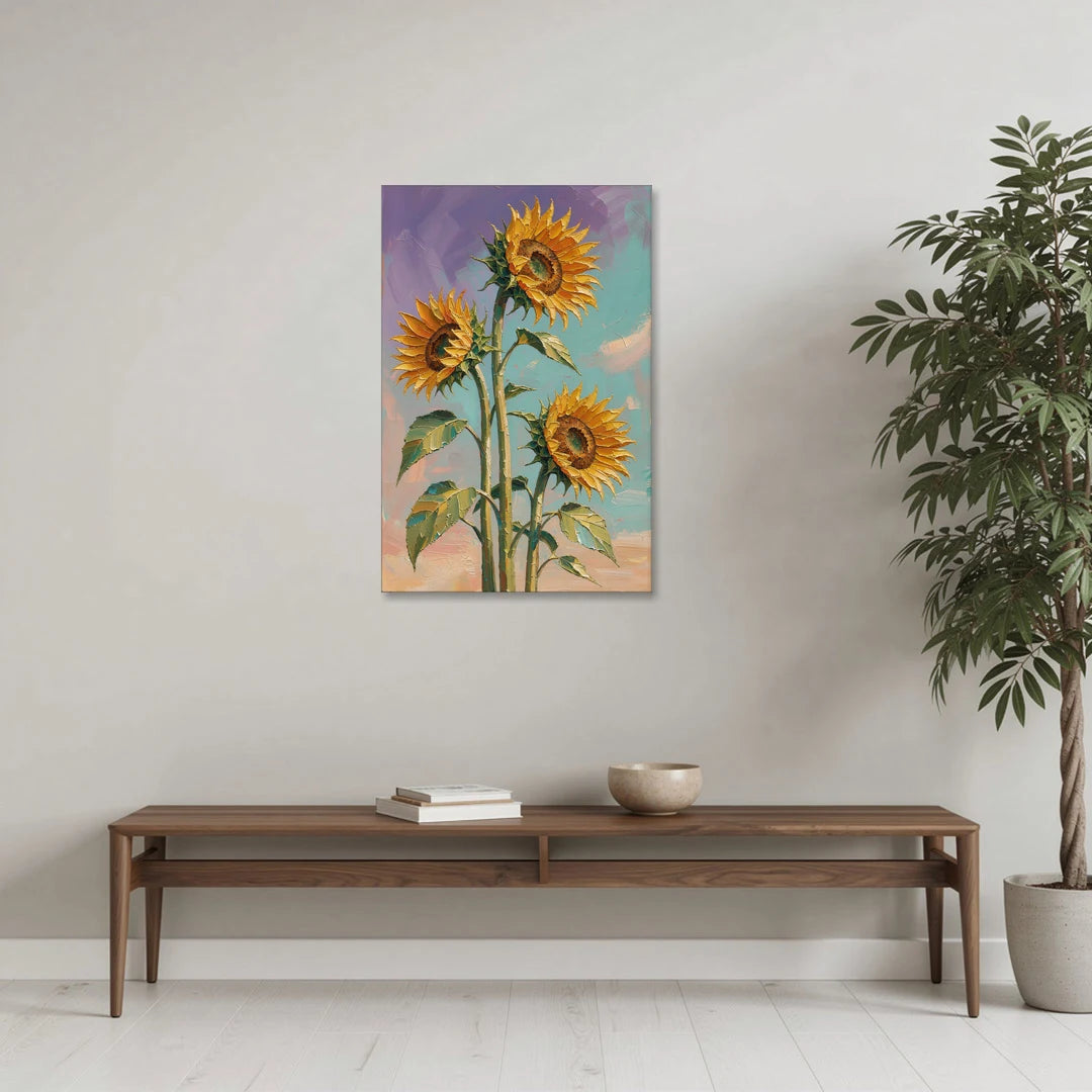 Sunflower Oil Painting Against a Violet Sky - Canvas Wall Art - Coffee Table - 24x36