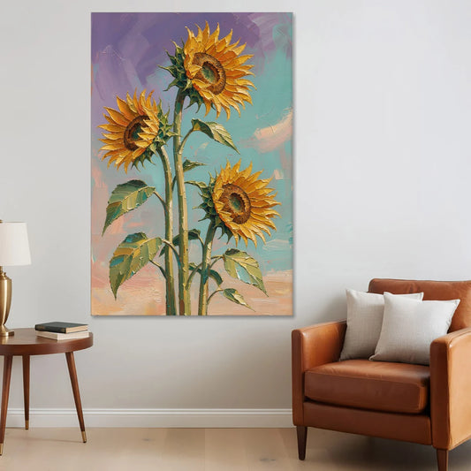 Sunflower Oil Painting Against a Violet Sky - Canvas Wall Art - Sofa - 40x60