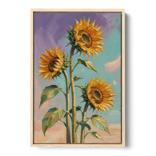 Sunflower Oil Painting Against a Violet Sky - Oak Framed Canvas Wall Art - Front