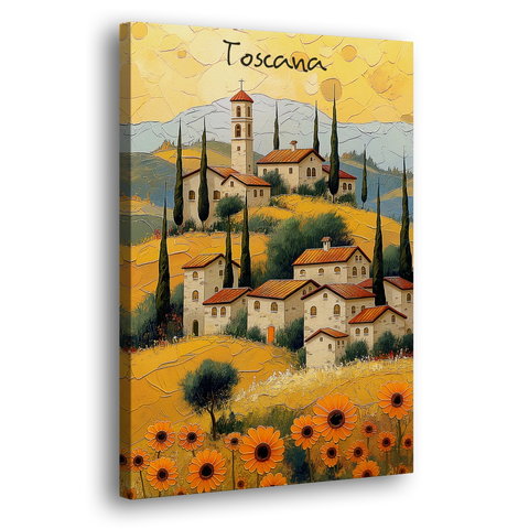 Sunflower Painting of a Tuscan Hill Town - Canvas Wall Art - Side