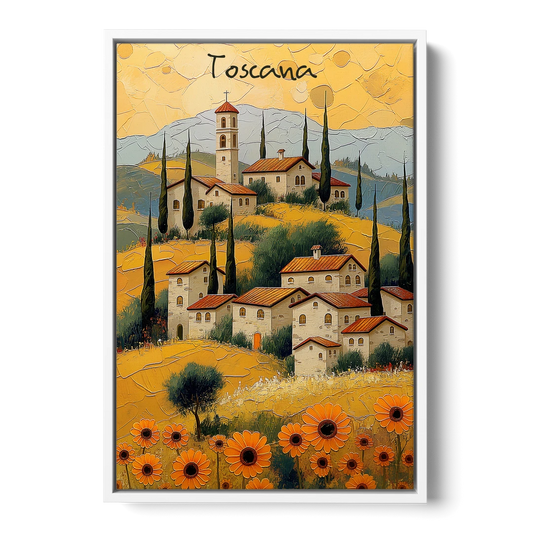 Sunflower Painting of a Tuscan Hill Town - White Framed Canvas Wall Art - Front
