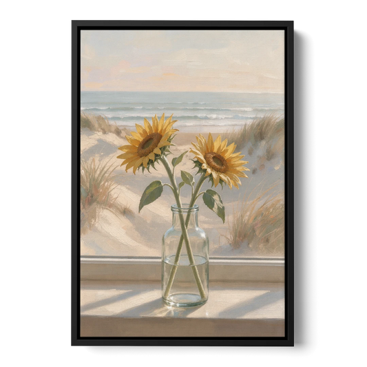 Sunflower Pair in Glass by the Dunes for the Bathroom - Black Framed Canvas Wall Art - Front