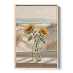Sunflower Pair in Glass by the Dunes for the Bathroom - Oak Framed Canvas Wall Art - Front