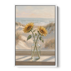 Sunflower Pair in Glass by the Dunes for the Bathroom - White Framed Canvas Wall Art - Front
