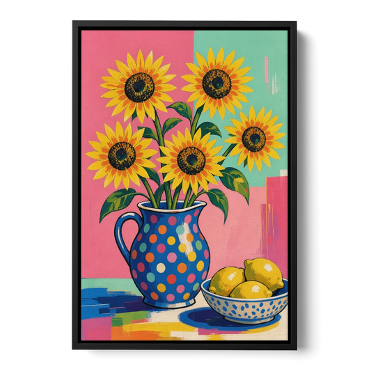 Sunflower Pitcher and Lemon Bowl for the Kitchen - Black Framed Canvas Wall Art - Front